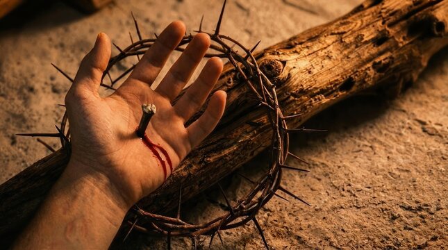 Powerful digital illustration of a hand nailed to a wooden cross with a crown of thorns resting nearby in a depiction of the crucifixion