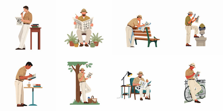 Collection of flat vector illustrations of a man in a pith hat solving crossword puzzles in various indoor and outdoor environments.