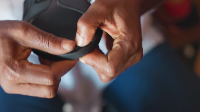 Closeup hands inspecting black leather sandal, adjusting strap and edge, careful manual check in soft lit workshop, focus on texture and stitch detail, highlighting artisanal repair process