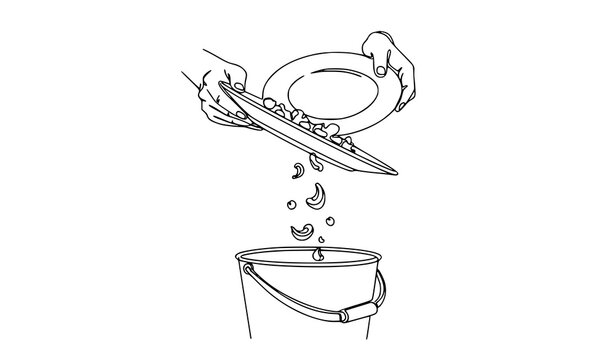Continuous one line drawing hands throwing away food leftovers into bin minimalist food waste concept vector