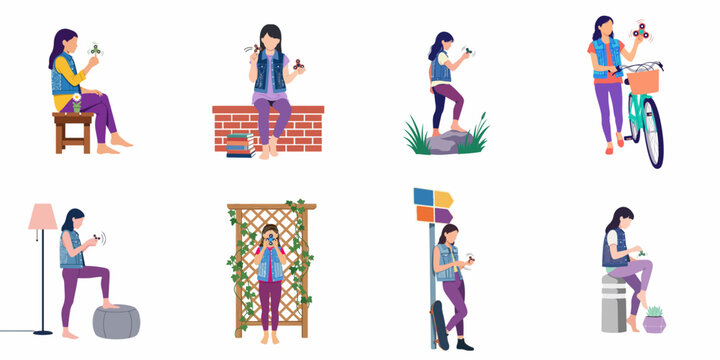 Collection of Eight Illustrations Featuring a Young Girl Playing with Fidget Spinners in Various Outdoor and Indoor Settings