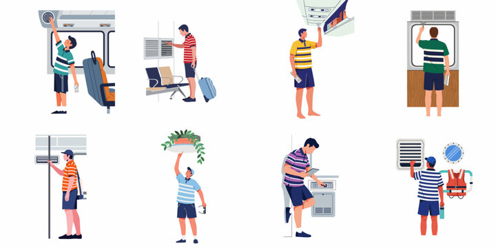 Set of flat illustrations of a man traveling by plane, train, bus, and boat, navigating different transportation environments and transit hubs.