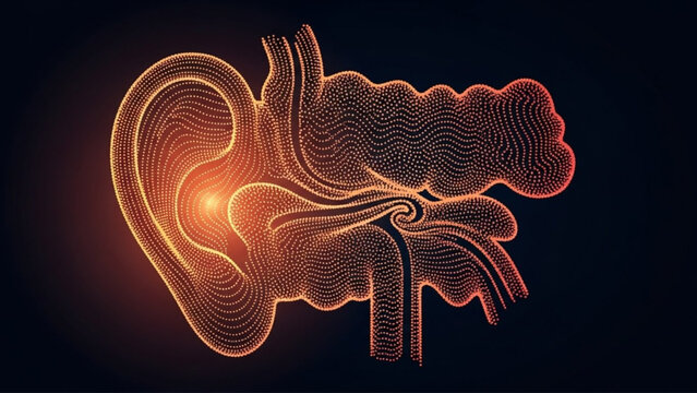 Glowing illustration of human ear anatomy, detailing inner, middle, and outer structures for medical and scientific understanding of hearing health