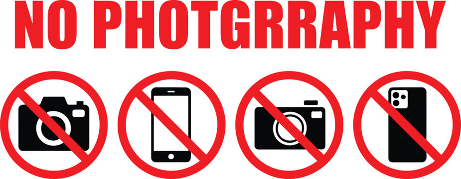 No photography sign, no camera symbol, prohibited camera icon, privacy restriction notice, security area warning, simple red circle slash pictogram, clean vector illustration.