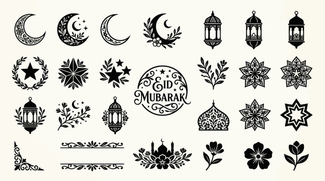 Decorative Eid Mubarak and Islamic Holiday Symbols Vector Set