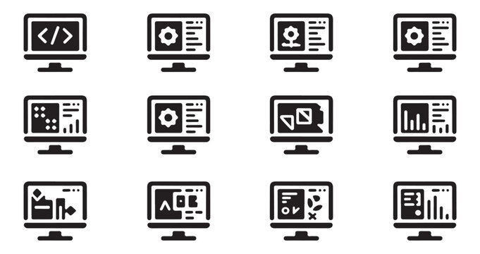 Computer monitor interface icons showing programming code settings and data analytics charts.