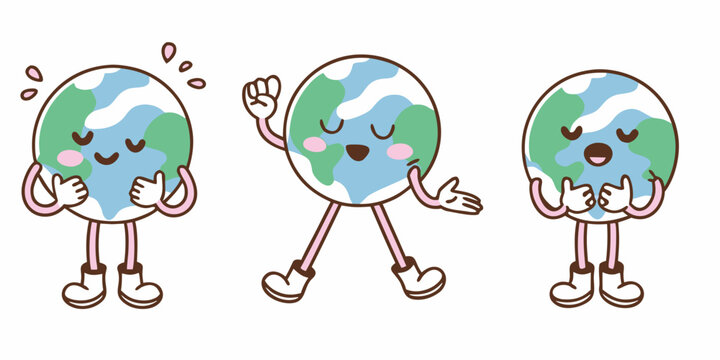 Three cartoon earth characters demonstrating the see no evil speak no evil hear no evil