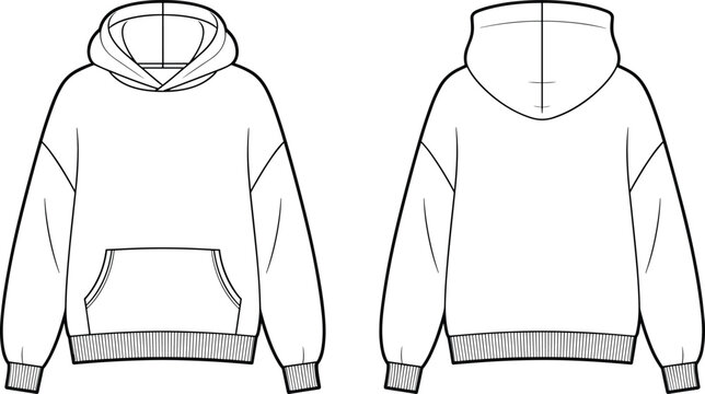 Blank Oversized Hoodie Technical Flat Sketch Vector Template with Front and Back View for Streetwear Apparel Design Fashion Tech Pack and Mockup Illustrations