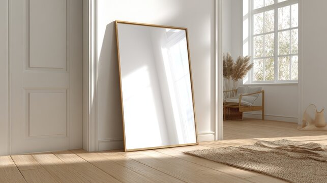 Large freestanding mirror with a slim golden frame leans against a doorway in a sunlit bright room