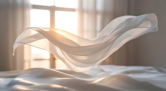 White fabric flowing in the air inside a bright sunlit bedroom interior