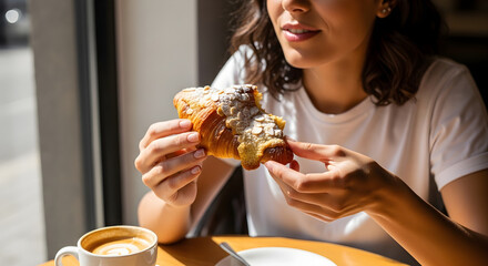 Young woman enjoying a delicious fresh croissant and coffee at a cafe