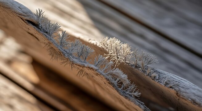 Frost crystals forming on a dark wooden surface during a cold morning