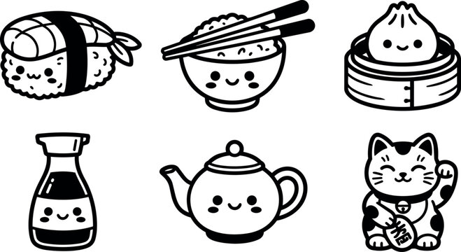 Cute kawaii sushi rice bowl dumpling soy sauce teapot and beckoning cat icons black and white line art