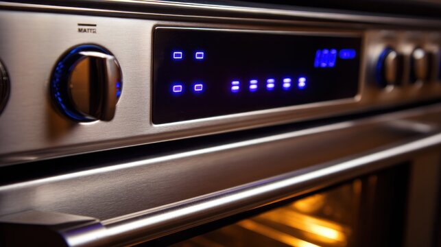 Close view captures modern kitchen appliance controls featuring illuminated indicators and brushed metal finish
