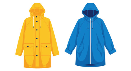 Yellow and Blue Raincoats with Hoods, Isolated on White Background © fatria