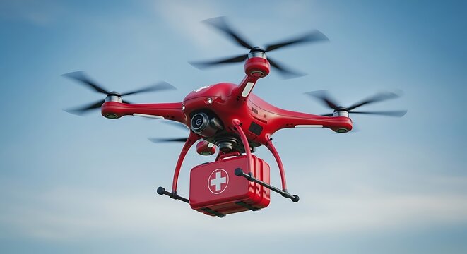 Red drone carrying a medical kit in flight against a bright blue sky