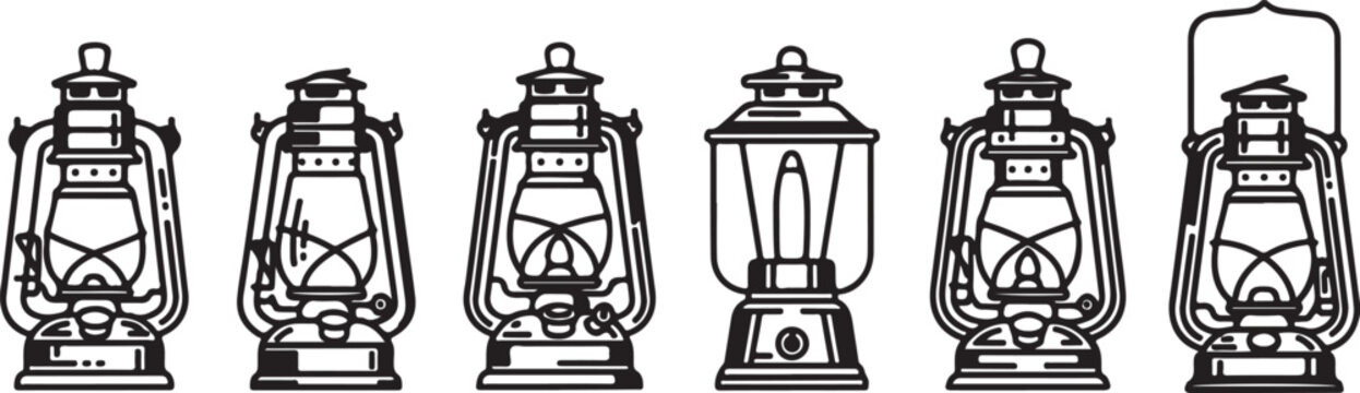 Six detailed black and white sketches of steam locomotives in various styles Vector