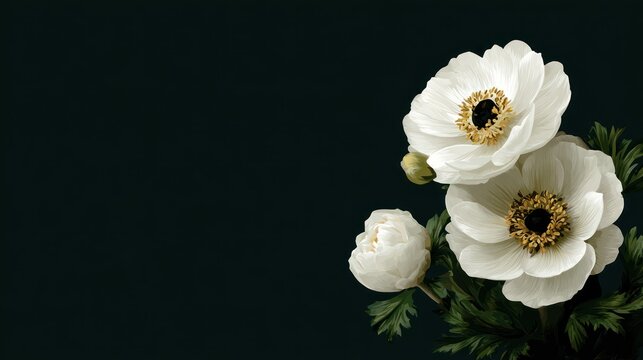 Cluster of pristine white blooms with dark centers rests against a deep background