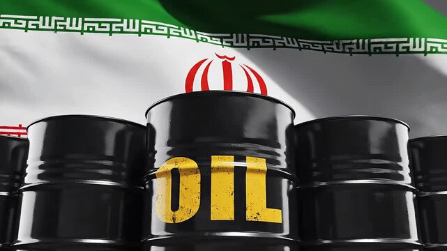 Rows of black crude oil barrels with the Iranian national flag in the background, illustrating the energy sector and economic impact of oil production in Iran.