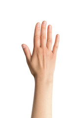 Obraz premium Raised human hand with fingers slightly spread on white background, minimal gesture and simplicity concept