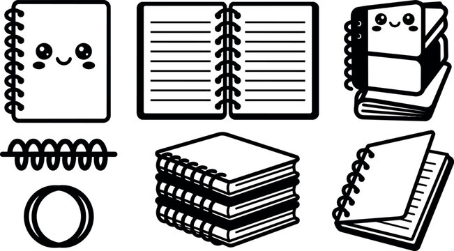 Cute kawaii style spiral notebook stack with happy faces vector line art