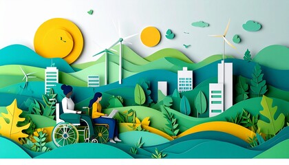 Fototapeta premium 持続可能なスマートシティで多様な人々が活動する、健康と共生をテーマにした未来的なイラスト