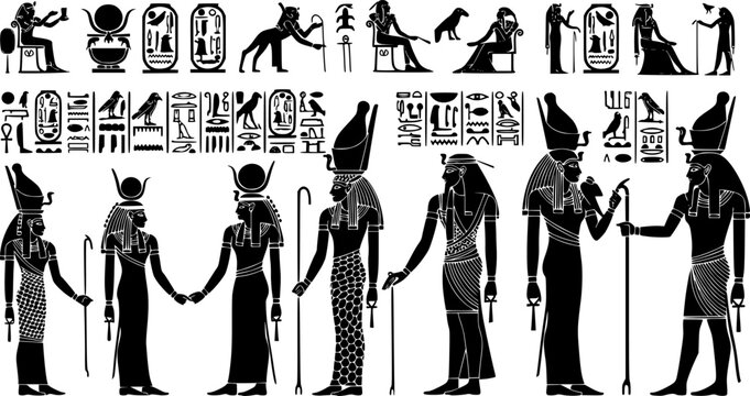 Collection of ancient Egyptian hieroglyphs and deities depicted in black silhouette style.
