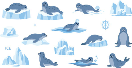 Arctic Seal Cartoon Set with Ice Floes Snowflakes and Marine Animals in Polar Ocean Wildlife Illustration Collection © MdAlom