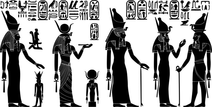 Collection of ancient Egyptian hieroglyphs and deities depicted in black silhouette style.
