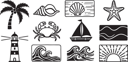 Collection of simple black and white line icons representing various objects and symbols Vector © rohan