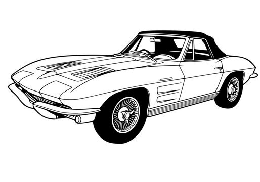 Classic Vintage Sports Car Convertible Illustration Retro Muscle Car Line Art