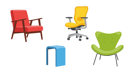 Fototapeta premium Assortment of Modern Chairs and Stool: Red Armchair, Yellow Office Chair, Green Lounge Chair, Blue Stool