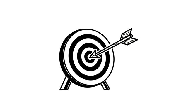 A black and white vector graphic of a target with an arrow hitting the bullseye, symbolizing accuracy and success.