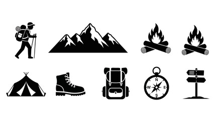 A set of black and white vector icons depicting camping and hiking symbols © adobestock