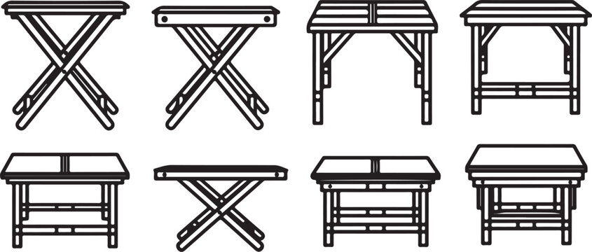 Illustrations of various wooden folding tables with different designs Vector