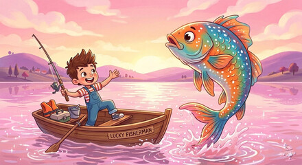 Naklejka premium Cute Boy Catching a Giant Colorful Fish in Small Boat: Cartoon Illustration of a Lucky Fisherman at Sunset Lake. 