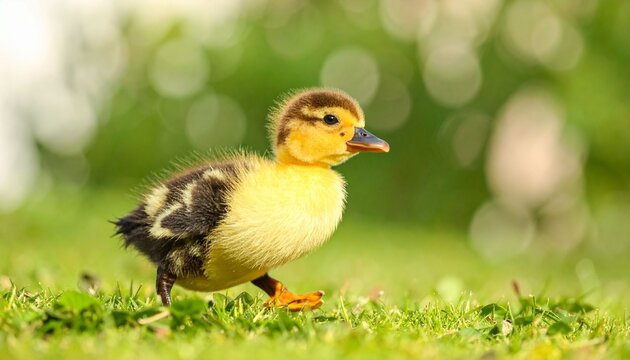 Duckling walking on green grass