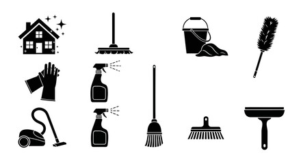 A set of black silhouette icons depicting various cleaning tools and supplies for household chores © amma