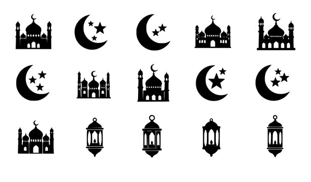 Minimal Ramadan Islamic icon set mosque crescent moon stars vector isolated on white background