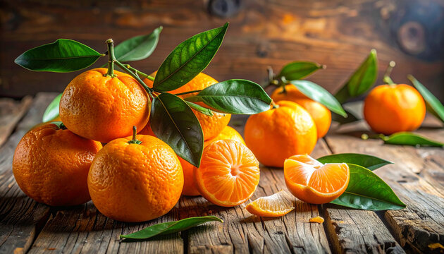 Fresh oranges with green leaves on wood