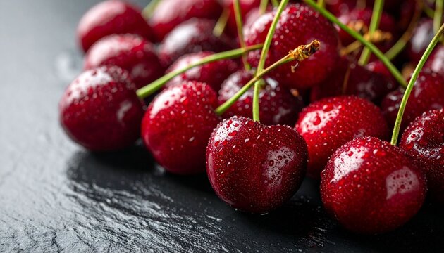 Fresh red cherries on dark surface