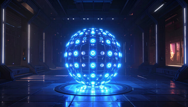 Glowing sphere in futuristic interior