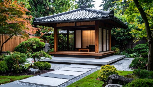 Japanese garden pavilion landscape