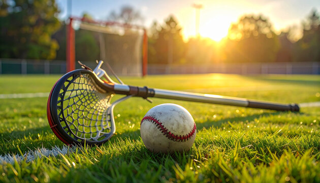 Lacrosse stick and ball on green field