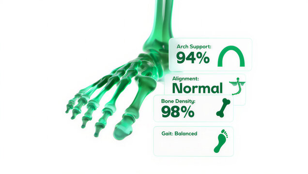 Medical illustration of foot skeleton with arch support and bone density statistics transparent background