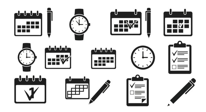 A set of black and white vector icons depicting calendars, clocks, and pens for organization and time management