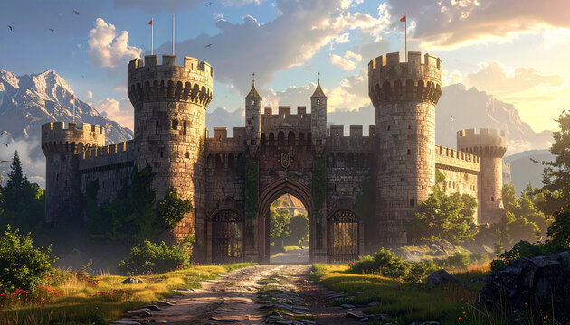 Medieval castle fortress at sunset