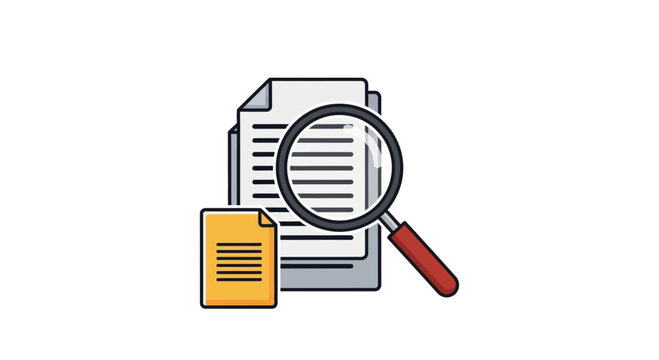 A vector graphic illustration of a magnifying glass over documents and a file folder
