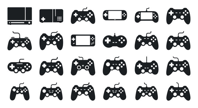A collection of black and white gaming controller icons and consoles on a transparent background