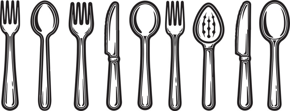 A collection of nine different types of forks displayed in a horizontal row Vector